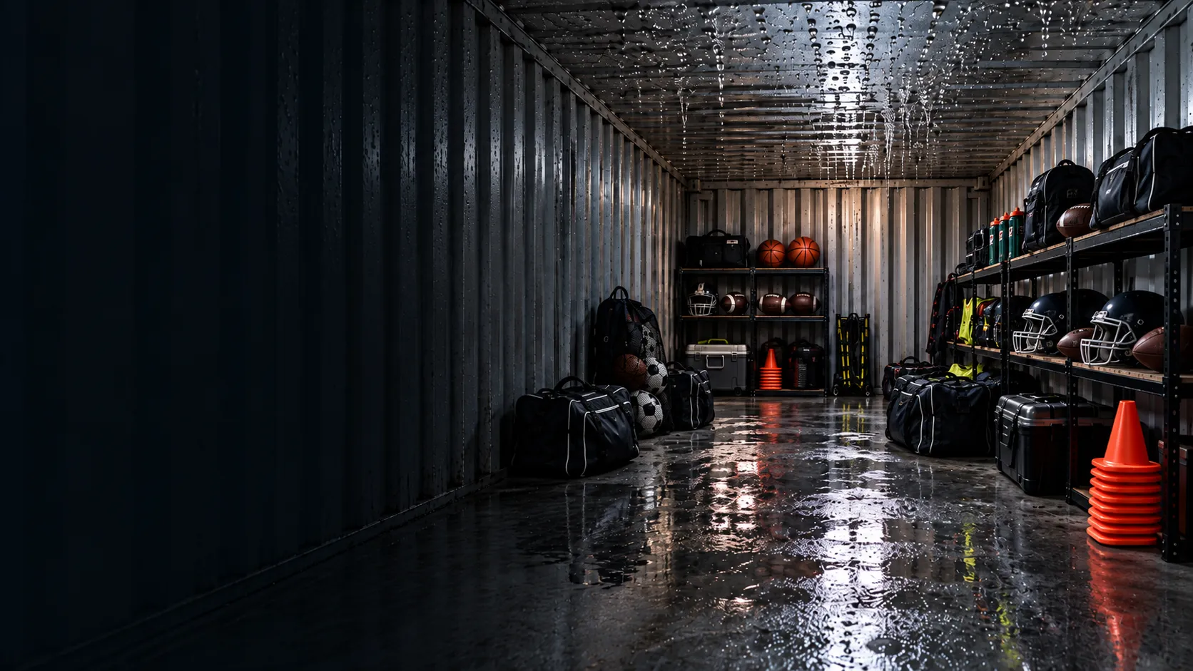 Sports equipment stored inside a shipping container with visible condensation and container rain